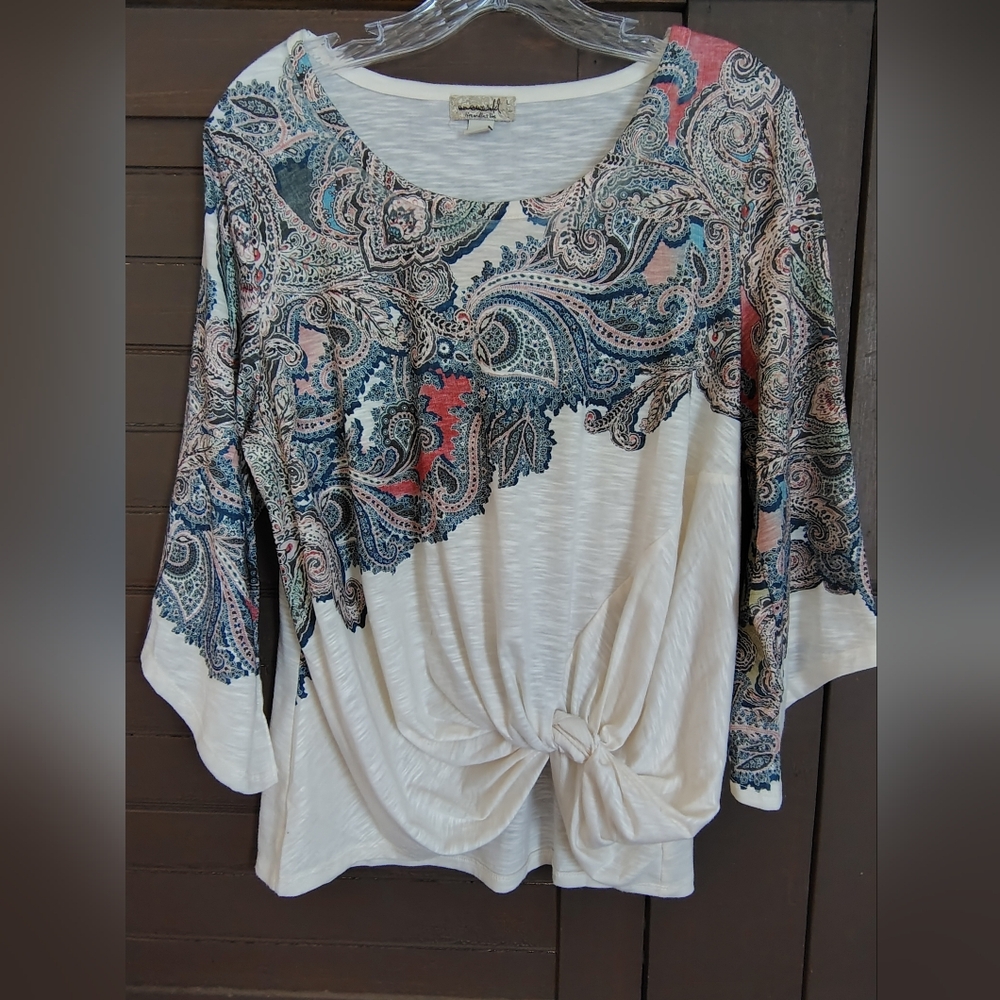 One World Live and Let Live Boho / Peasant Tie Front Top Size Large
